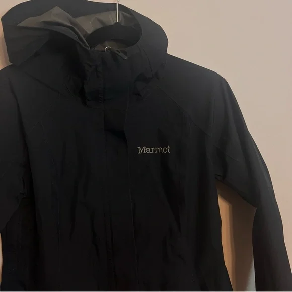 Women’s Marmot Gore-Tex Long Black Hooded Rain Jacket Size Medium - Picture 2 of 6